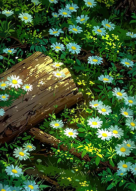 Daisies and Log in Sunlight