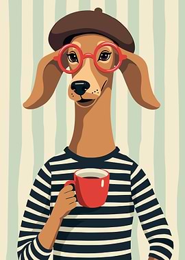 Dog with Beret and Coffee