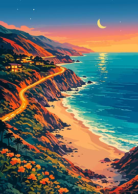 Coastal Beach Road Sunset California Illustration