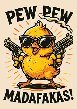 Pew Pew Chick Poster Funny Cartoon Yellow Chick Guns Wall Art Bold Humor Print