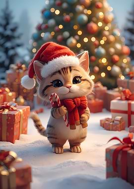 Christmas Cat with Candy Cane