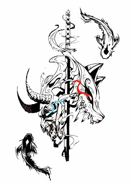 Samurai Sword with Wolf and Oni