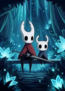 Hollow Knight characters in a blue forest