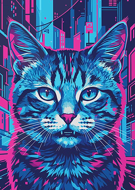Cyberpunk Cat in Cityscape