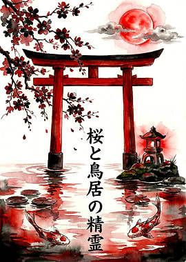Japanese Torii Gate with Koi Fish