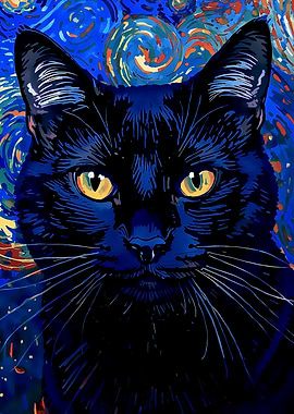 Black Cat Starry Night Art