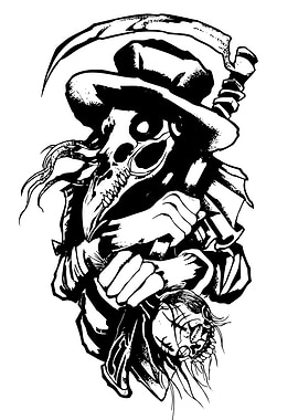Plague Doctor with Victim Black and White