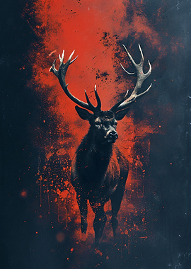 Majestic Deer with Red Splatter Background