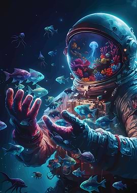 Astronaut with Underwater Ecosystem