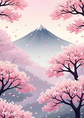 Cherry Blossoms and Mountain Landscape
