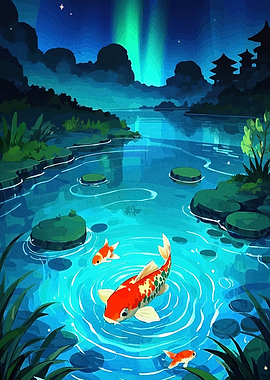 Koi Pond with Aurora Borealis