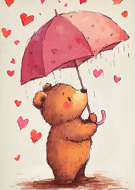 Cute Bear with Umbrella and Hearts