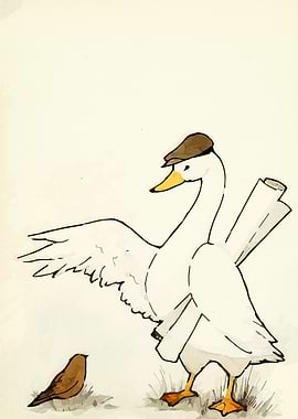 Goose with Hat and Bird Illustration