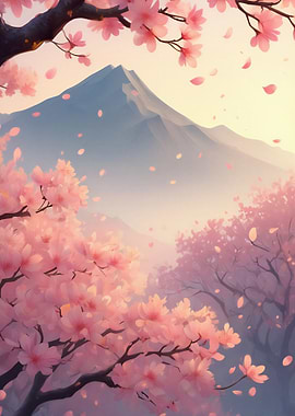 Cherry Blossoms and Mountain Landscape