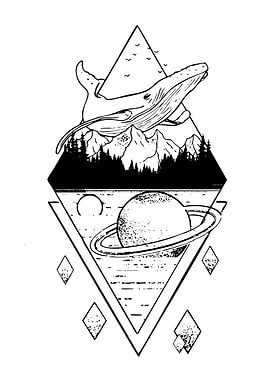 Whale, Mountains, and Space Tattoo Design