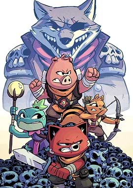 Cartoon Animal Warriors on Skull Pile