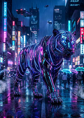 Cyberpunk Tiger in Rainy Cityscape
