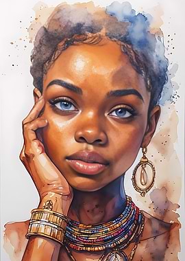 Elegant African Woman Portrait Wall Art – Watercolor Illustration