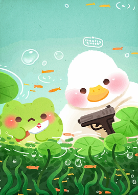 Duck and Frog in Pond with Weapons