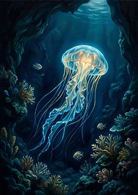 Glowing Jellyfish in Deep Blue Ocean