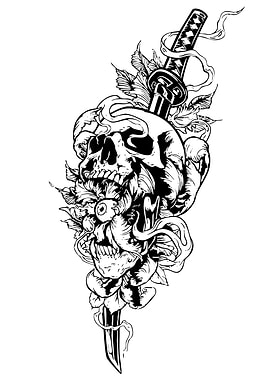 Skull, Katana, and Floral Design