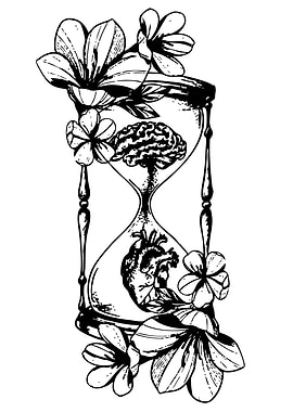 Hourglass with Brain, Heart, and Flowers