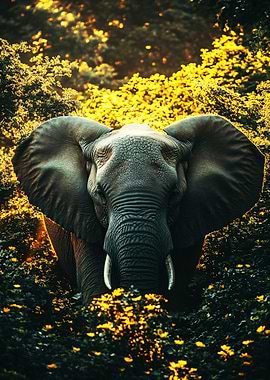 Elephant in Golden Floral Forest
