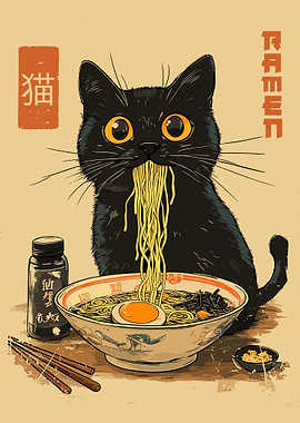 Black Cat Eating Ramen Poster Cute Anime Cat Wall Art Japanese Noodle Print