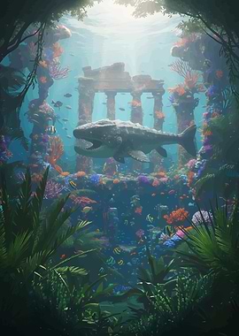 Underwater Ruins with Mosasaur