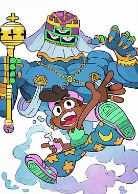 Cartoon character running from a giant