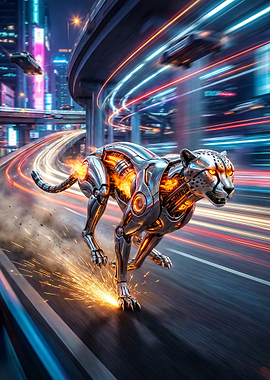 Cybernetic Cheetah Running in Futuristic City