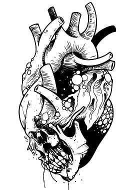 Anatomical Heart with Skull Black and White