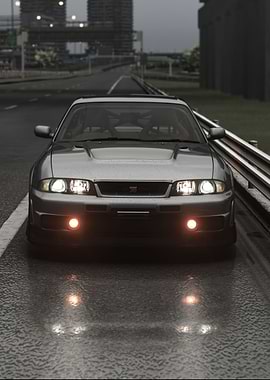 Silver Nissan Skyline on Wet Road