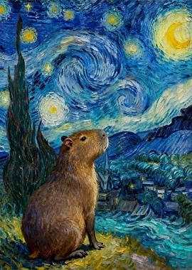 Capybara in Starry Night Painting