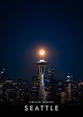 Seattle Skyline Full Moon