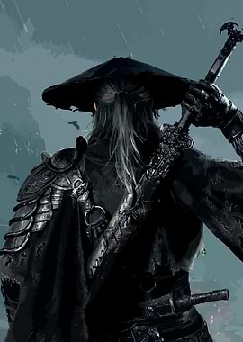 Game Character with Sword in Rain