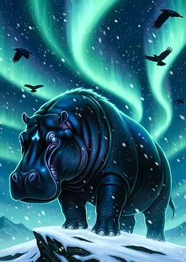 Mystical Hippo Under Aurora Borealis