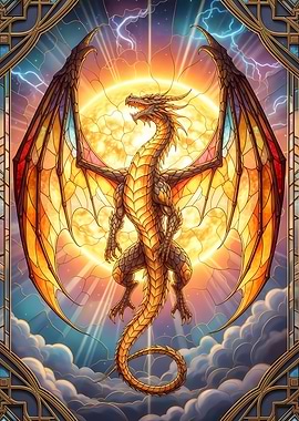 Stained Glass Dragon with Sun