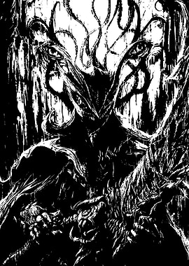 Monochrome Horror Creature with Tentacles