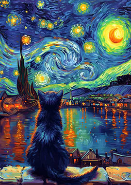 Cat gazing at Starry Night