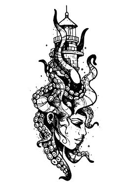 Octopus Woman with Lighthouse Tattoo Art