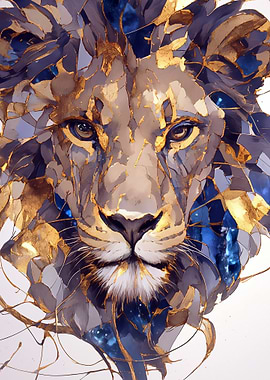 Abstract Lion Portrait with Gold Accents