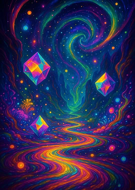 Colorful Abstract Space with Floating Crystals