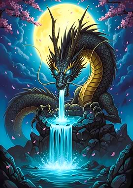 Dragon Waterfall Under Moonlight