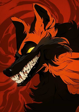 Grinning Black and Orange Wolf Portrait