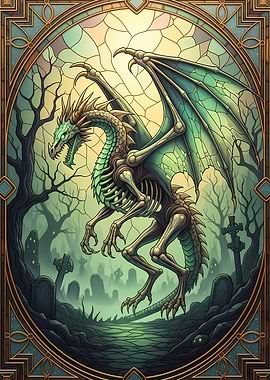 Skeletal Dragon in Graveyard Stained Glass