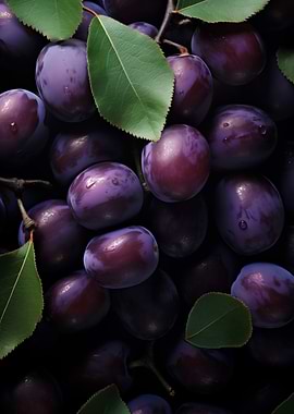 Fresh Plums with Leaves