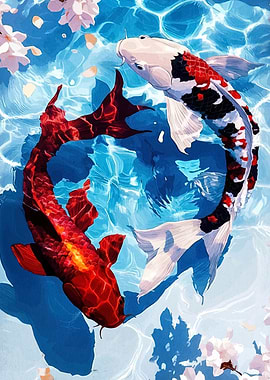 Koi Fish in Water with Blossoms