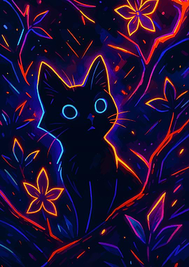 Neon Cat in Floral Night