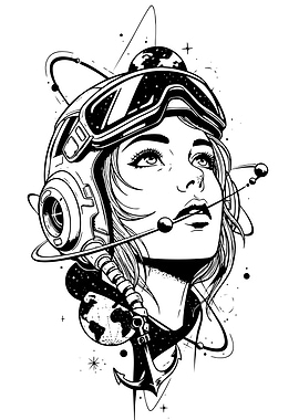 Astronaut Girl Black and White Illustration